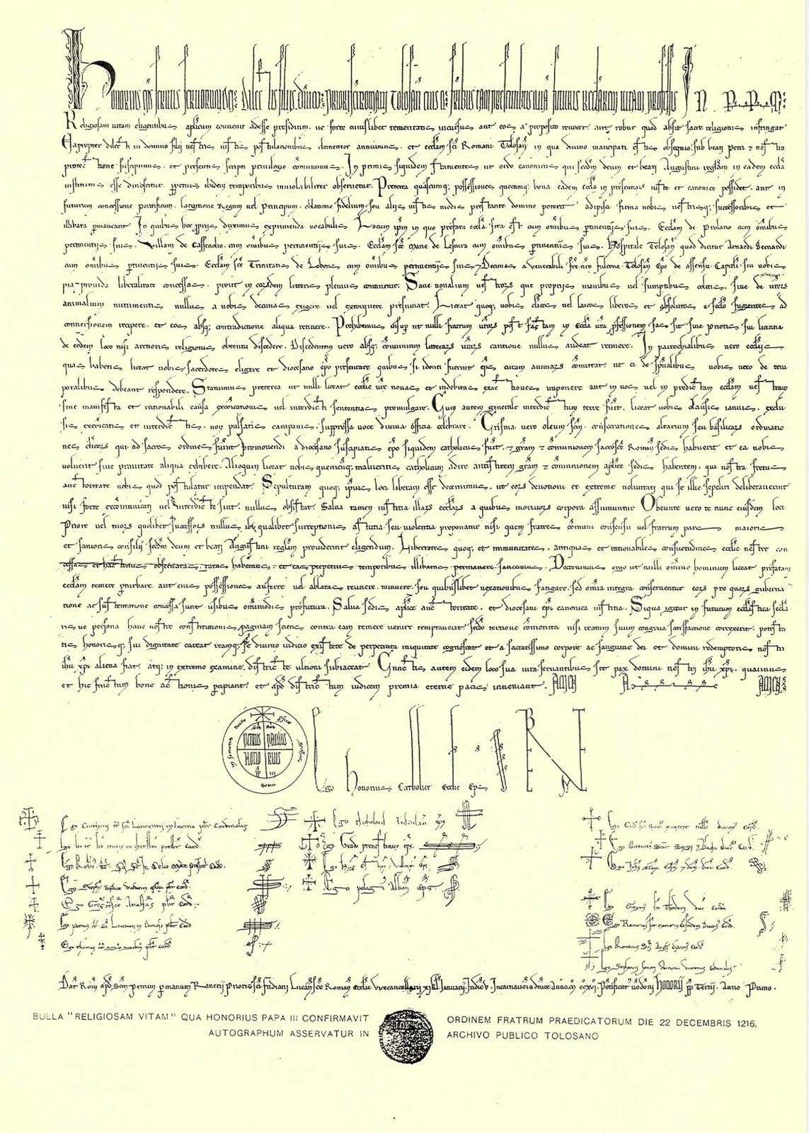 Papež Honorius III. bula "Religiosam Vitam" 22. prosinec 1216